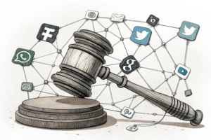 A web of interconnected digital platforms crumbles under the weight of a giant gavel, symbolizing the judicial decision to suspend unauthorized online sports betting operations.