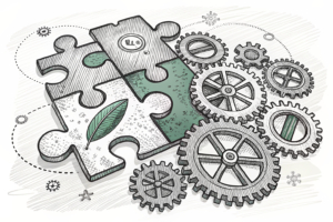 A giant puzzle piece fits perfectly into a complex network of interconnected gears, symbolizing the integration of specialized health services funded by a percentage of fixed-odds betting revenue.