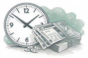 A clock with hands pointing at 11 o'clock hovers over a fading stack of lottery tickets.