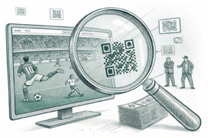 A large magnifying glass focuses on a blurred TV screen showing a soccer match, revealing hidden QR codes and betting odds.