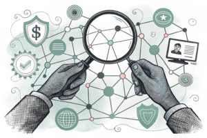 A pair of hands holding a magnifying glass over a tangled web of interconnected digital platforms, symbolizing the scrutiny and monitoring of illegal betting websites and their advertising campaigns.