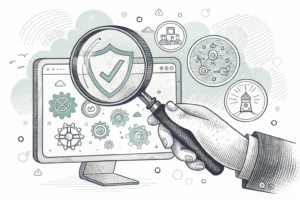 A hand holding a magnifying glass scrutinizing a blurred digital screen filled with betting odds and symbols.