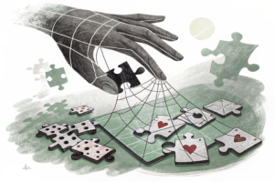 A giant hand casts a shadow over a web of interconnected puzzle pieces representing an illegal gambling scheme being dismantled.