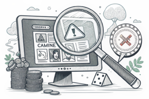 A large magnifying glass hovers over a digital screen filled with warning messages, highlighting the hidden risks of online gambling.