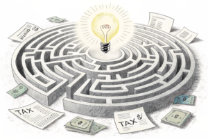 A labyrinth of financial documents surrounds a glowing light at the center, symbolizing guidance on responsible resource use and debt prevention during tax declaration.