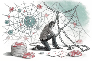 A tangled web of digital threads surrounds a person struggling to break free, symbolizing the challenges of online gambling addiction.