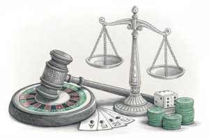A scale balancing a gavel and a roulette wheel symbolizes the legal decision on gambling laws in the country.