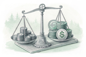 A scale balancing between a stack of digital coins and a diminishing pile of traditional currency.