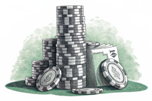 A towering stack of abstract shapes representing bets and prizes, with a small portion breaking off to fund public policies and social causes.