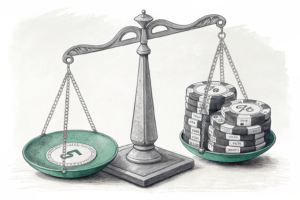 A scale balancing between a digital gambling chip and a family budget, symbolizing the societal impact of online betting regulation.