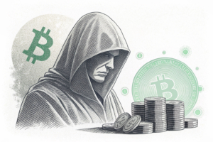 A shadowy figure casts a veil over a stack of glowing digital assets, hinting at obscured financial dealings.