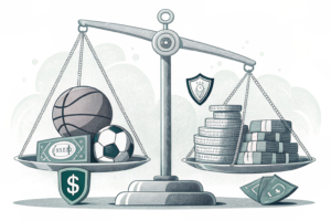A scale weighing a stack of sports equipment against a pile of security-related items, with the sports side diminishing as the security side grows.