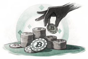 A hand casts a shadow over a stack of digital tokens, blocking access to a gambling table.