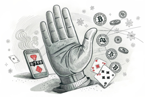 A giant hand restricts the flow of digital bets, fading away into the background.