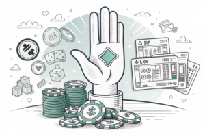 A large hand restricts the flow of digital betting chips in a public space, while various forms of advertising fade into the background.