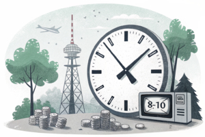 A clock face with hands pointing at 8 and 10, casting shadows over a TV and radio tower, symbolizing the restriction of gambling advertisements between 8 AM and 10 PM.
