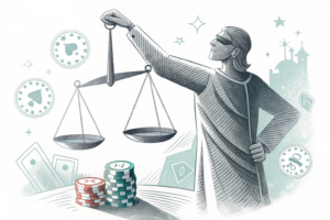 A figure holds a balancing scale, representing the responsibility and accountability for misleading advertising in the betting industry.