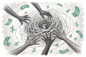 A tangled web of interconnected hands reaching out for support and guidance amidst a swirling storm of financial uncertainty.