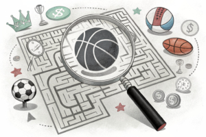 A magnifying glass hovers over a labyrinth of interconnected sports equipment, revealing hidden patterns and connections.