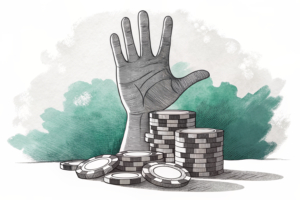 A giant hand casts a shadow over a fading stack of digital gambling chips, symbolizing the crackdown on unauthorized betting platforms in the country.