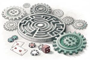A labyrinth of intertwined gears symbolizes the complex network of regulations proposed to address the risks associated with gambling and betting in the city.