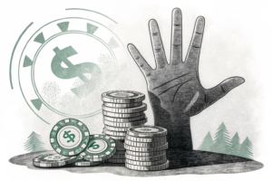 A giant hand casts a shadow over a stack of fading digital coins, symbolizing the crackdown on illegal gambling intermediaries.