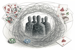 A tangled web of digital wires surrounds a group of faceless figures, representing the widespread involvement in online gambling among students.