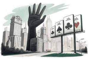 A giant hand casts a shadow over a cityscape, covering billboards and screens displaying gambling symbols.