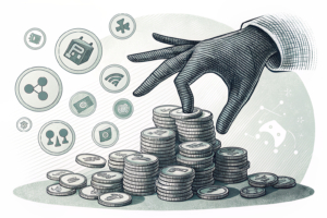 A large, shadowy hand hovers over a fading pile of digital coins, symbolizing the looming debt faced by a gaming company.