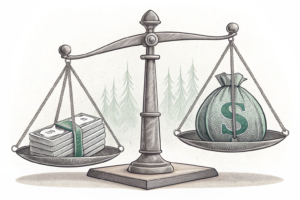 A scale balancing between a regulated platform and a shadowy, unregulated counterpart, with financial commitments hanging in the balance.