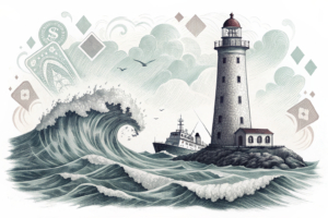 A lighthouse guides a ship through stormy waves towards a safe harbor, symbolizing responsible gambling awareness and support.