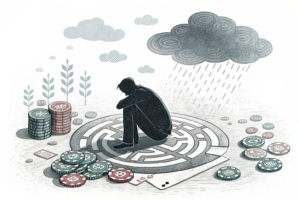 A shadowy figure casts a dark cloud over a digital maze of gambling chips, warning of the risks of addiction and emotional and financial problems.