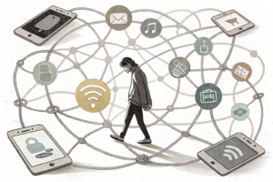 A tangled web of interconnected digital devices surrounds a solitary figure struggling to break free.