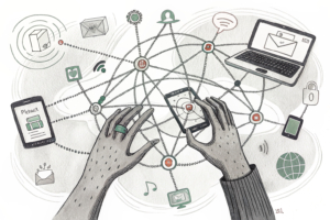 A tangled web of interconnected digital devices is being slowly unraveled by a pair of hands, revealing hidden risks and dependencies.