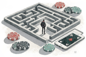 A maze of intertwined digital devices leads to a solitary figure surrounded by fading gambling chips, symbolizing the struggles of those affected by gambling issues.