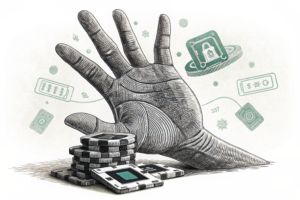 A giant hand casts a shadow over a fading stack of digital chips, symbolizing the impending ban on online betting activities.