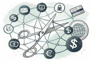 A tangled web of interconnected digital payment symbols is being cut by a pair of scissors, symbolizing the crackdown on illegal betting operations.