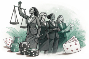 A group of diverse women in professional attire stand united, holding scales of justice and surrounded by digital gambling elements fading into shadows.