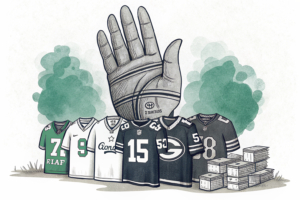 A giant hand casts a shadow over a stack of fading digital sponsor logos on sports jerseys.