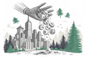 A giant hand stops a cascade of lottery balls from falling into a cityscape, symbolizing the suspension of a municipal lottery law.