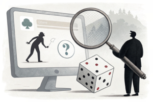 A large magnifying glass hovers over a digital screen displaying warning messages, while a shadowy figure casts a dice with question marks instead of dots.