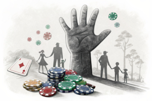 A large, shadowy hand restricts a cascade of colorful digital betting chips from reaching a group of diverse families below.