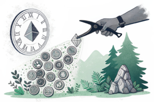 A large, shadowy hand abruptly cuts a vibrant stream of abstract digital tokens, which then fall into a dark, empty chasm, with a prominent, fast-ticking clock in the background.