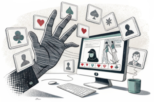A large digital hand casts a shadow over a multitude of fading online platforms and profiles, symbolizing the crackdown on illegal gambling websites.