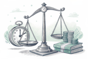 A scale balancing between a clock ticking towards a deadline and a growing shadow of uncertainty cast over a stack of digital assets.