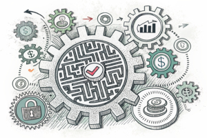 A maze of interconnected gears symbolizing the intricate process of refunding online bets through existing payment systems.