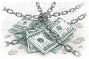 A web of intertwined digital chains restricts a pile of virtual money, symbolizing the deceptive allure of fake betting platforms.