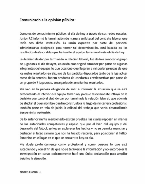 Comunicado de la entrenadora García.
