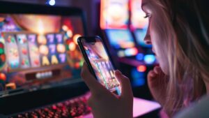 Mujer con un celular en la mano apostando.