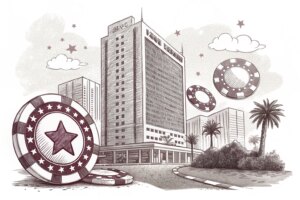 Ilustración de un hotel con fichas de casino alrededor.